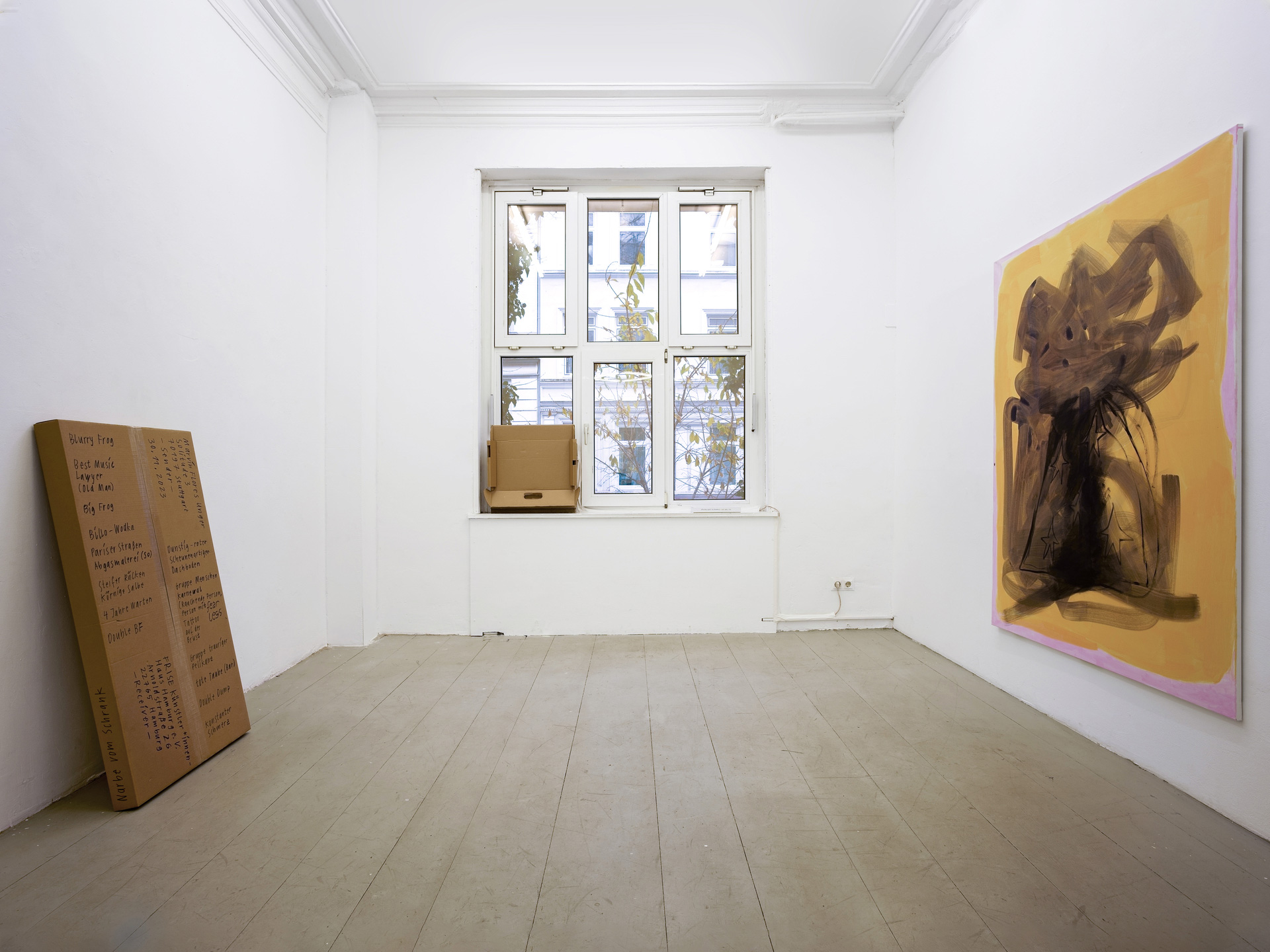 Flying Carpet Shop exhibition view, overview of Amphoras installations with large crocodile sculpture and cardboard boxes