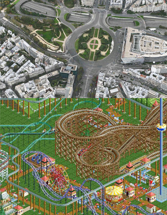 Conceptual illustration of Paris transformed into a playful city without commuter traffic in The Soft Machines